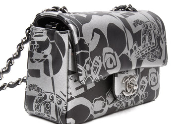 CHANEL 22C Black Silver Printed Lambskin Leather Rectangular Mini Flap Bag