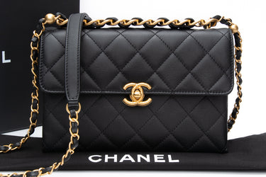 CHANEL Black Lambskin Quilted Small Chain Flap Bag