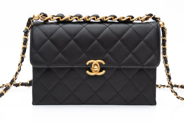 CHANEL Black Lambskin Quilted Small Chain Flap Bag