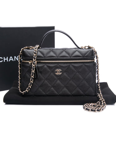 Chanel 25S Black Quilted Caviar Top Handle Slim Vanity Handbag
