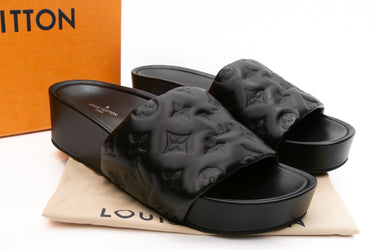 LOUIS VUITTON Lambskin Embossed Monogram Jumbo Flatform Mule Sandals 37.5