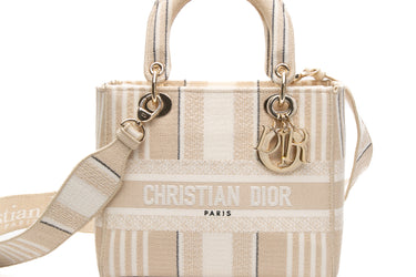 DIOR Neutral Canvas Embroidered Stripes Medium Lady D-Lite Bag