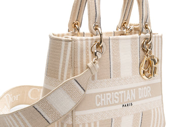 DIOR Neutral Canvas Embroidered Stripes Medium Lady D-Lite Bag