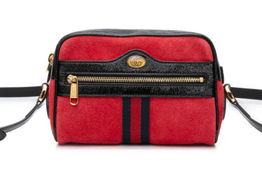 GUCCI Red Suede Patent Web Mini Ophidia Shoulder Bag