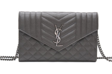 SAINT LAURENT Earth Sheepskin Tri-Quilt Monogram Envelope Chain Wallet