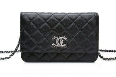 CHANEL Black Caviar Quilted Crystal CC Wallet On Chain WOC