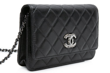 CHANEL Black Caviar Quilted Crystal CC Wallet On Chain WOC