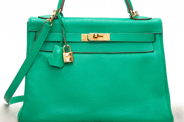 HERMES Menthe Green Kelly 32 Clemence Leather with Gold Hardware