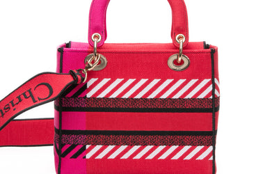 DIOR Red Pink Canvas Embroidered Flower Pop Medium Lady D-Lite Bag