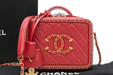 CHANEL Red Quilted Goatskin Filigree Chain Around Vanity Case