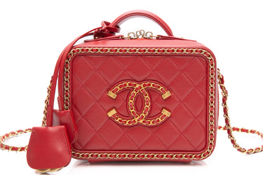 CHANEL Red Quilted Goatskin Filigree Chain Around Vanity Case