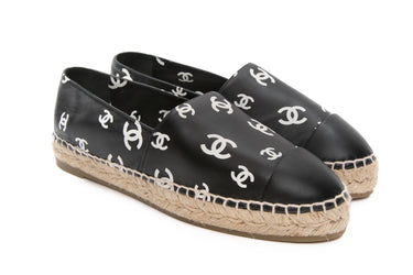 CHANEL Lambskin Printed Black and White CC Espadrilles 39 (New)