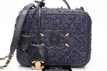 CHANEL Blue Tweed Quilted CC Filigree Python Medium