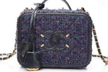 CHANEL Blue Tweed Quilted CC Filigree Python Medium