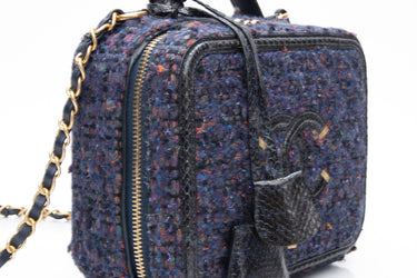 CHANEL Blue Tweed Quilted CC Filigree Python Medium