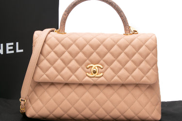 CHANEL Dark Beige Caviar Lizard Quilted Medium Coco Handle Flap Bag