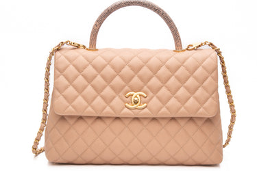 CHANEL Dark Beige Caviar Lizard Quilted Medium Coco Handle Flap Bag
