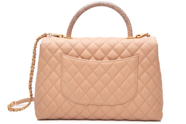CHANEL Dark Beige Caviar Lizard Quilted Medium Coco Handle Flap Bag