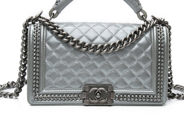 Chanel Silver Metallic Calfskin Quilted Medium Top Handle Boy Flap