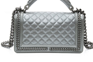 Chanel Silver Metallic Calfskin Quilted Medium Top Handle Boy Flap