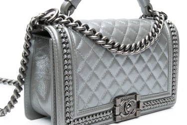 Chanel Silver Metallic Calfskin Quilted Medium Top Handle Boy Flap