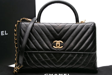 CHANEL Black Calfskin Chevron Quilted Medium Lizard Coco Handle Flap Bag
