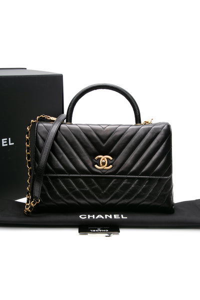 CHANEL Black Calfskin Chevron Quilted Medium Lizard Coco Handle
