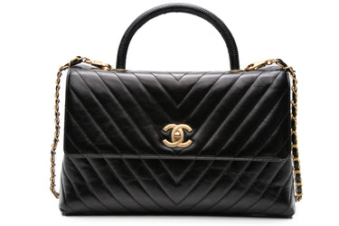 CHANEL Black Calfskin Chevron Quilted Medium Lizard Coco Handle Flap Bag