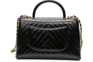 CHANEL Black Calfskin Chevron Quilted Medium Lizard Coco Handle Flap Bag