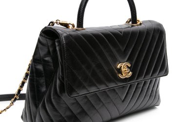 CHANEL Black Calfskin Chevron Quilted Medium Lizard Coco Handle Flap Bag