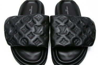 LOUIS VUITTON Black Leather Pool Pillow Flat Comfort Mule 37 (New)