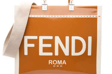 FENDI Signature Sunshine Ecru Canvas and Light Brown Patent Leather Medium Shopper Tote Bag (New)