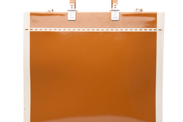 FENDI Signature Sunshine Ecru Canvas and Light Brown Patent Leather Medium Shopper Tote Bag (New)