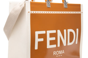 FENDI Signature Sunshine Ecru Canvas and Light Brown Patent Leather Medium Shopper Tote Bag (New)