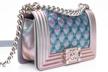 CHANEL Light Purple Mermaid Iridescent Patent Calfskin PVC Quilted Small Boy Flap Bag