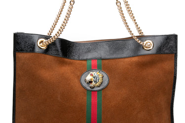 GUCCI Nocciola Suede Patent Large Rajah Chain Tote Bag