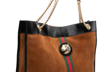 GUCCI Nocciola Suede Patent Large Rajah Chain Tote Bag