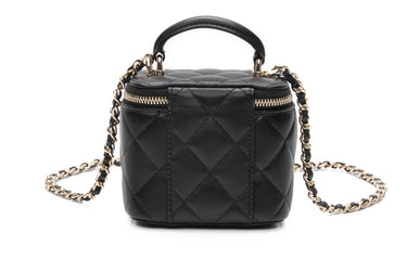 CHANEL Black Lambskin Quilted Top Handle Mini Vanity Case With Chain