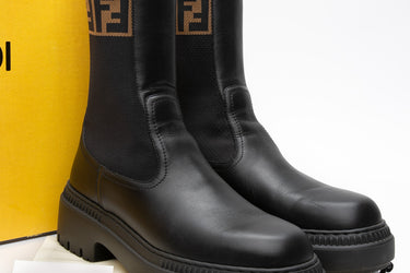 FENDI Black Tabacco Biker Vitello Maglia FF Colletto Boots 39