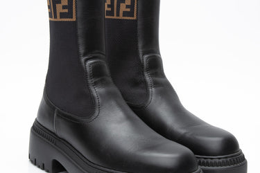 FENDI Black Tabacco Biker Vitello Maglia FF Colletto Boots 39