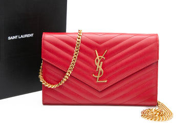 SAINT LAURENT Red Cassandre Grain de Poudre Matelasse Envelope Chain Wallet
