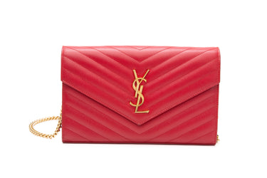 SAINT LAURENT Red Cassandre Grain de Poudre Matelasse Envelope Chain Wallet
