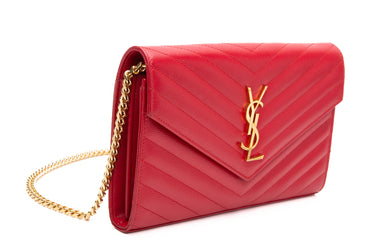 SAINT LAURENT Red Cassandre Grain de Poudre Matelasse Envelope Chain Wallet