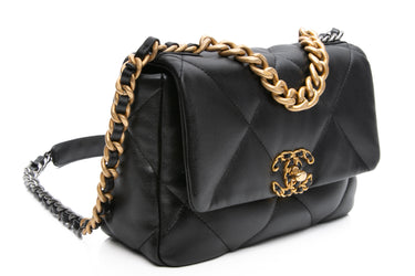 CHANEL Black Lambskin Quilted Chanel 19 Flap Bag