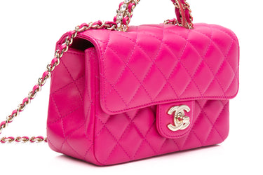 CHANEL Fuchsia Lambskin Quilted Mini Rectangular Crystal Top Handle Flap Bag