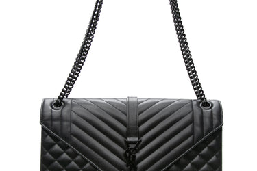 SAINT LAURENT Black on Black Classic Monogram Envelope Satchel Mixed Matelasse Leather