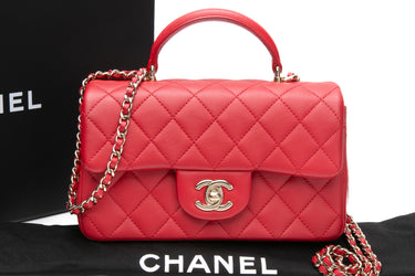 CHANEL Red Lambskin Quilted Mini Rectangular Top Handle Flap Bag