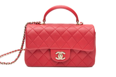 CHANEL Red Lambskin Quilted Mini Rectangular Top Handle Flap Bag