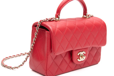 CHANEL Red Lambskin Quilted Mini Rectangular Top Handle Flap Bag