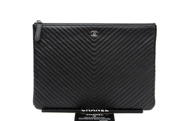 CHANEL Black Chevron Caviar Quilted O Case Clutch